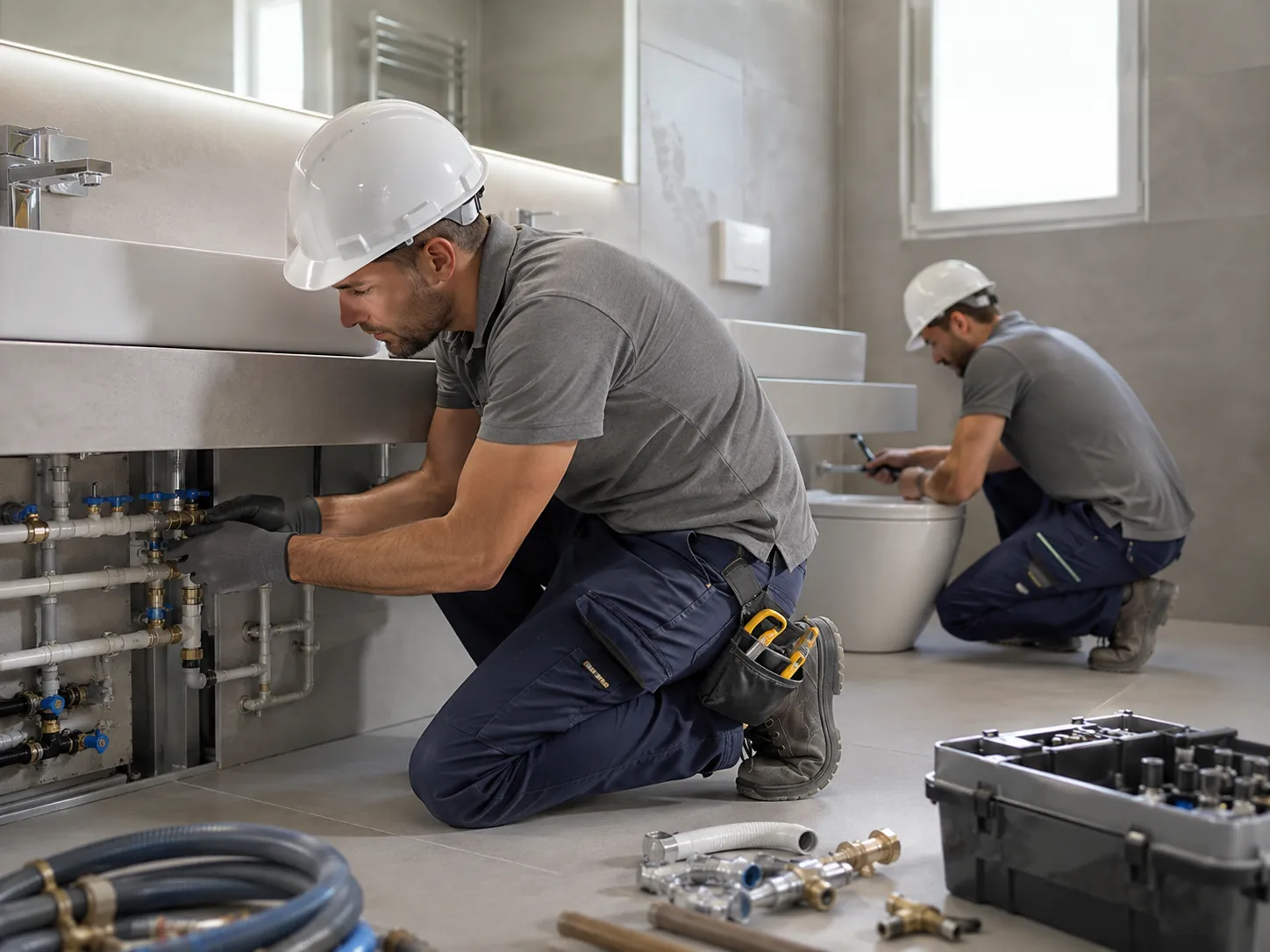 Profesionales instalando sanitarios y griferías en obra